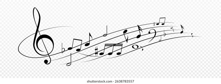 Musical notes, stave with flying notes, melody sketch with musical staff wave, comic, vector, png. Musical background for design or advertising.