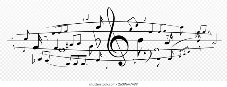 Musical notes, stave with flying notes, melody sketch with musical staff wave, comic, vector, png. Musical background for design or advertising.
