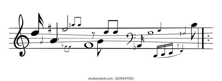Musical notes, stave with flying notes, melody sketch with musical staff wave, comic, vector, png. Musical background for design or advertising.