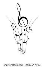 Musical notes, stave with flying notes, melody sketch with musical staff wave, comic, vector, png. Musical background for design or advertising.