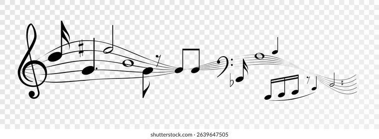 Musical notes, stave with flying notes, melody sketch with musical staff wave, comic, vector, png. Musical background for design or advertising.