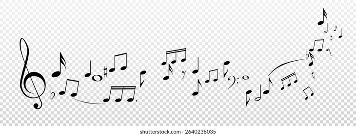 Musical notes, stave with flying notes, melody sketch with musical staff wave, comic, vector, png. Musical background for design or advertising.