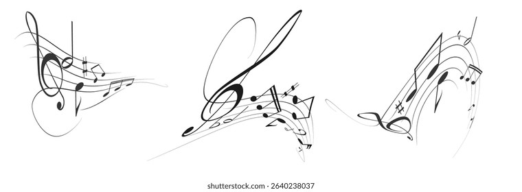 Musical notes, stave with flying notes, melody sketch with musical staff wave, comic, vector, png. Musical background for design or advertising.