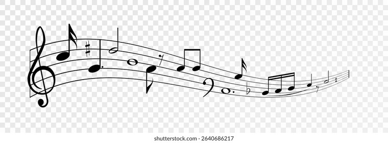 Musical notes, stave with flying notes, melody sketch with musical staff wave, comic, vector, png. Musical background for design or advertising.