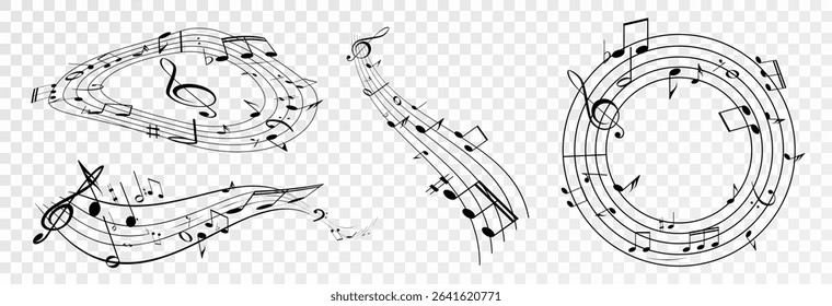 Musical notes, stave with flying notes, melody sketch with musical staff wave, comic, vector, png. Musical background for design or advertising.
