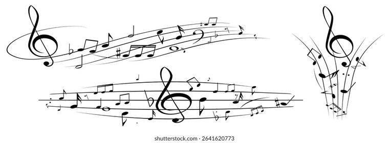 Musical notes, stave with flying notes, melody sketch with musical staff wave, comic, vector, png. Musical background for design or advertising.