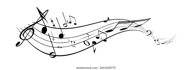 Musical notes, stave with flying notes, melody sketch with musical staff wave, comic, vector, png. Musical background for design or advertising.