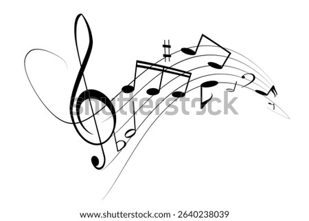 Musical notes, stave with flying notes, melody sketch with musical staff wave, comic, vector, png. Musical background for design or advertising.