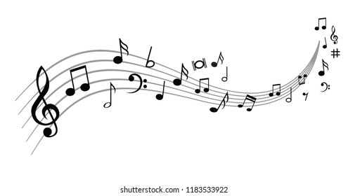 Musical notes stave, line pattern. symbols or icon for staff and music note theme. Treble background wave. Piano, jazz sound notes. Fun vector key sign. Classic clef. Doodle quaver G  melody on paper.