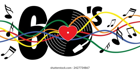 Musical notes stave line pattern symbol icon for staff and music note wave melody I love the years 60's or sixties. Peace love music. year with love heart symbol. 1960 or 60s style.