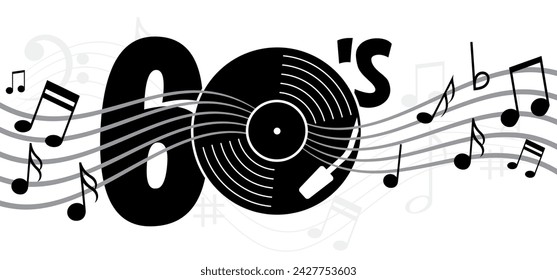 Musical notes stave line pattern symbol icon for staff and music note wave melody I love the years 60's or sixties. Peace love music. year with love heart symbol. 1960 or 60s style.