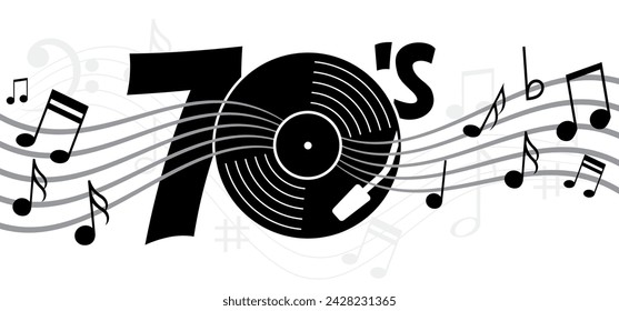 Musical notes stave line pattern symbol icon for staff and music note wave melody I love the years 70's or seventies. Peace love music. year with love heart symbol. 1970 or 70s style.