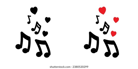 Musical notes stave and love, heart symbol icon for staff and music note theme Transparent background wave Piano, jazz sound notes Fun vector key sign Classic clef Doodle quaver G melody on paper
