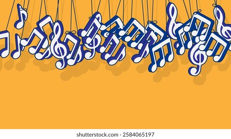 Musical notes suspended from ropes and swaying in wind. Advertising vector banner for presentation of concert or children vocal evening isolated on orange background