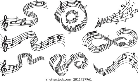 Musical Notes Swirls set-Flowing Melodic Staff Lines Vector Illustration Design