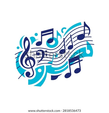 Musical notes and symbols flow across a stave with decorative blue patterns. This illustration represents melody and rhythm.