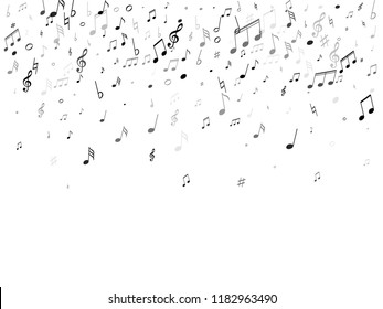 Musical notes symbols flying vector illustration. Notation melody record silhouettes. Disco music studio background. Black on white melody sound notes signs.