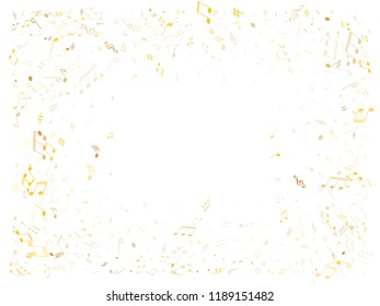 Musical notes symbols flying vector background. Notation melody record classic elements. Bass guitar play background. Gold metallic melody sound notation.