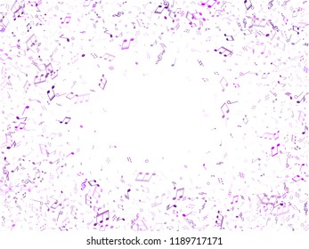 Musical notes symbols flying vector illustration. Notation melody record pictograms. Retro music studio background. Ultra violet musical notation.