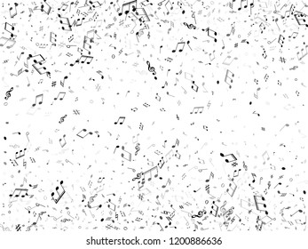 Musical notes symbols flying vector design. Notation melody record signs. Piano instrument tune background. Greyscale musical notation.