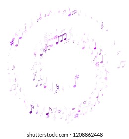 Musical notes symbols flying vector illustration. Notation melody record classic signs. Rock music studio background. Purple violet musical note.