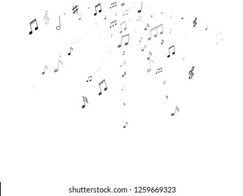 Musical notes symbols flying vector background. Notation melody record icons. Song festival backdrop. Grayscale melody sound notes signs.