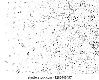 Musical notes symbols flying vector design. Notation melody record classic pictograms. Tune radio wave background. Monochrome melody sound notation.
