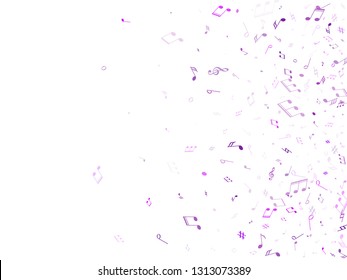 Musical notes symbols flying vector background. Notation melody record classic elements. Song festival background. Purple violet musical note.