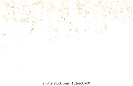 Musical notes symbols flying vector background. Notation melody record classic pictograms. Musician album background. Gold metallic melody sound notes.
