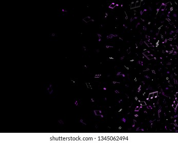 Musical notes symbols flying vector illustration. Notation melody record silhouettes. Guitar instrument tune background. Violet melody sound notes.