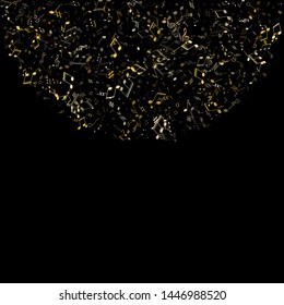 Musical notes symbols flying vector design. Notation melody record classic pictograms. Cartoon music studio background. Gold metallic musical note.