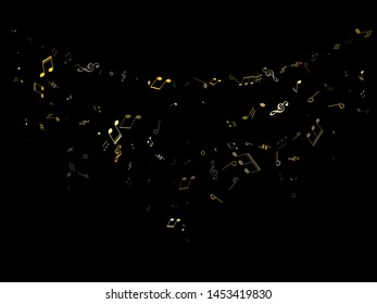 Musical notes symbols flying vector background. Notation melody record icons. Funky music studio background. Gold melody sound notes signs.