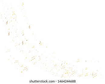 Musical notes symbols flying vector background. Notation melody record classic icons. Bass guitar play background. Gold sound recording notes.