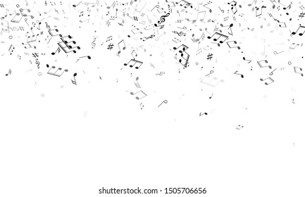 Musical notes symbols flying vector background. Notation melody record pictograms. Retro music studio background. Grey scale melody sound notes icons.