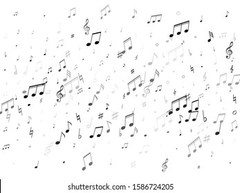 Musical notes symbols flying vector background. Notation melody record concept. Rock music studio background. Monochrome melody sound notation.