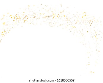 Musical notes symbols flying vector design. Notation melody record classic clip art. Pop music studio background. Gold melody sound notes.