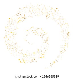 Musical notes symbols flying vector background. Notation melody record classic elements. Cartoon music studio background. Gold metallic melody sound notes icons.