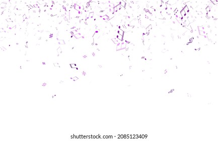 Musical notes symbols flying vector illustration. Notation melody record classic concept. Party banner background. Ultra violet musical notation.