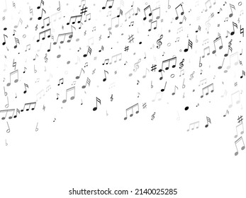 Musical notes symbols flying vector background. Notation melody record classic signs. Cartoon music studio background. Black on white musical notation.