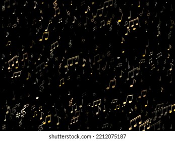 Musical notes symbols flying vector background. Notation melody record classic icons. Jazz music studio background. Gold metallic melody sound notes icons.