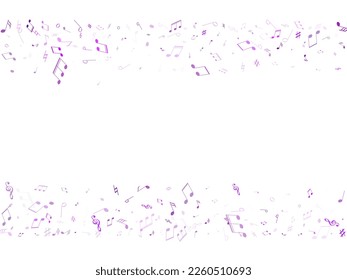 Musical notes symbols flying vector illustration. Notation melody record classic elements. Audio album background. Violet melody sound notes signs.