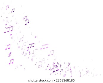 Símbolos de notas musicales volando ilustración vectorial. Iconos del registro de melodía de notación. Fondo de estudio de música eléctrica. Nota musical violeta púrpura.