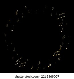Musical notes symbols flying vector background. Notation melody record icons. Tune radio wave background. Gold melody sound notes icons.