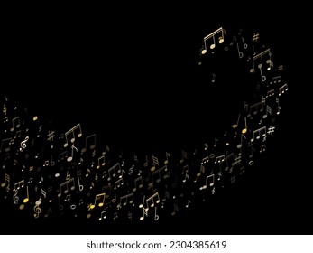 Musical notes symbols flying vector background. Notation melody record classic signs. Doodle music studio background. Gold melody sound notes signs.