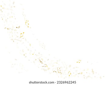 Musical notes symbols flying vector background. Notation melody record signs. Modern music studio background. Gold melody sound notation.