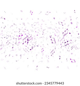 Musical notes symbols flying vector illustration. Notation melody record signs. Abstract music studio background. Violet musical notation.