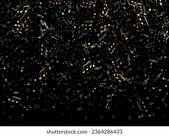 Musical notes symbols flying vector illustration. Notation melody record pictograms. Party banner background. Gold metallic melody sound notation.