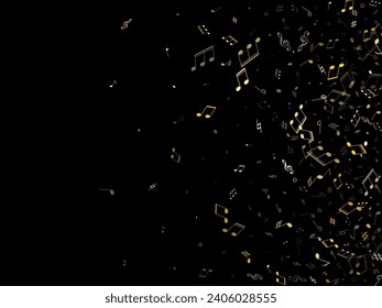 Musical notes symbols flying vector background. Notation melody record classic icons. Popular music studio background. Gold metallic sound recording notes.