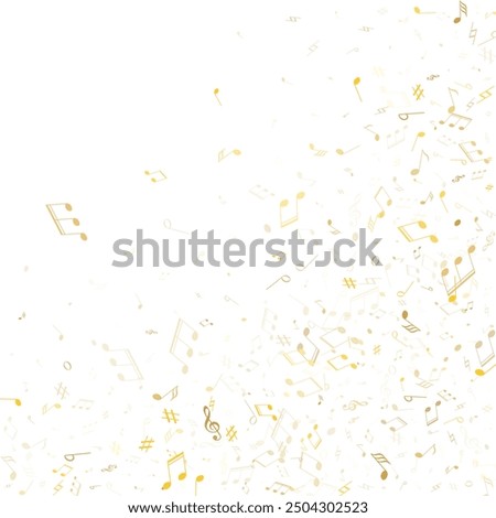 Musical notes symbols flying vector illustration. Notation melody record classic pictograms. DJ instrument tune background. Gold musical notation.