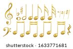 Musical Notes Symbols In Golden Color Set Vector. Collection Of Classic Music Minim And Crotchet, Quaver And Semiquaver, Notes And Treble Clef, Sharp And Minim. Layout 3d Illustrations